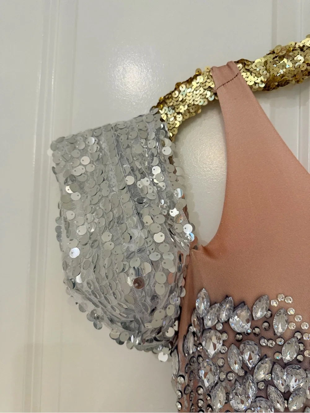 Nude & Silver Sequin Mermaid Prom Dress with Crystal Embellishment